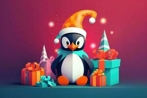 AI Generated Festive penguin wearing a Santa hat and sitting on a gift-wrapped present in front of a cozy fireplace, colorful paper art. photo