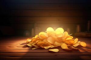 AI Generated 3D cartoon crunchy potato chips arranged in a stack on a rustic wooden table with a bright spotlight shining down from above. photo