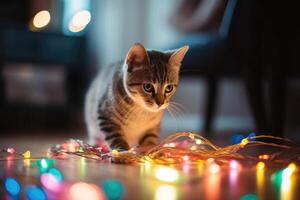 Adorable kitten playing with a string of Christmas lights and a shiny ornament in a bright and colorful living room. photo