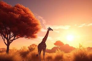 AI Generated 3D cartoon graceful giraffe peacefully grazing on the savanna under a golden sunrise. photo