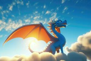 AI Generated 3D cartoon magnificent dragon soaring through the clouds in a bright blue sky with the sun shining down. photo