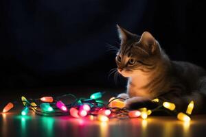 Adorable kitten playing with a string of Christmas lights and a shiny ornament in a bright and colorful living room. photo