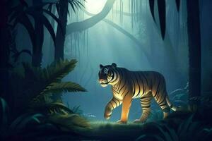 ai generado 3d dibujos animados feroz Tigre merodeando mediante un brumoso selva a noche con luz de la luna brillante mediante el arboles foto