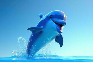 ai generado 3d dibujos animados juguetón delfín saltando fuera de cristal claro turquesa agua con un brillante azul cielo en el antecedentes. foto