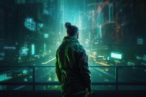 ai generado futurista paisaje urbano a noche, con un neón verde y azul color esquema y un persona vistiendo un cyberpunk chaqueta. foto