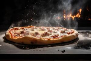 AI Generated Freshly baked pizza steaming on a stone countertop. photo