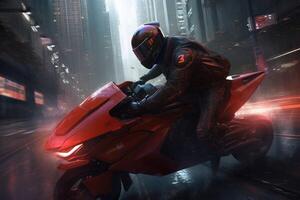 AI Generated High-speed chase through a futuristic city, with a red and black color scheme and a person wearing a motorcycle helmet. photo