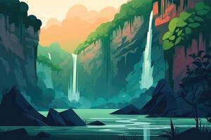 AI Generated Majestic waterfall cascading down a rocky cliff, surrounded by lush vegetation and misty atmosphere, creating a sense of tranquility and natural beauty. photo