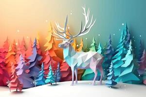 AI Generated Majestic elk standing in a snowy meadow in Christmas tree. Colorful paper art. photo