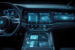 AI Generated Modern smart car technology intelligent system. Navigator on car dashboard. Smart car interior concept with modern touch screens at night time. In the style of cyberpunk, hdr, modern. photo