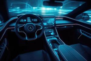 AI Generated Modern smart car technology intelligent system. Navigator on car dashboard. Smart car interior concept with modern touch screens at night time. In the style of cyberpunk, hdr, modern. photo