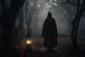 Moody forest with mist hanging in the air. A figure in a cloak stands in the center, holding a lantern. photo
