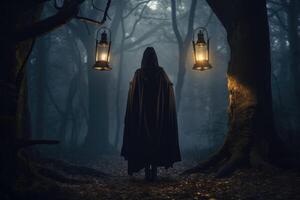 Moody forest with mist hanging in the air. A figure in a cloak stands in the center, holding a lantern. photo