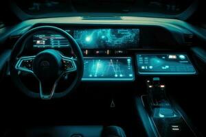 AI Generated Modern smart car technology intelligent system. Navigator on car dashboard. Smart car interior concept with modern touch screens at night time. In the style of cyberpunk, hdr, modern. photo