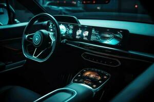 AI Generated Modern smart car technology intelligent system. Navigator on car dashboard. Smart car interior concept with modern touch screens at night time. In the style of cyberpunk, hdr, modern. photo