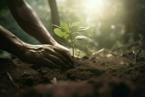 AI Generated Planting seedling with hands, focus at seedling. photo