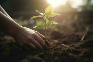 AI Generated Planting seedling with hands, focus at seedling. photo