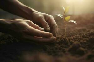 AI Generated Planting seedling with hands, focus at seedling. photo