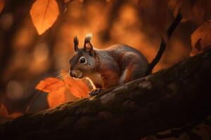 AI Generated Playful little squirrel perched on a tree branch, with autumn leaves in the background and a warm, orange lighting effect. photo