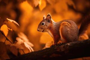 AI Generated Playful little squirrel perched on a tree branch, with autumn leaves in the background and a warm, orange lighting effect. photo