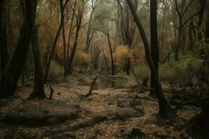 AI Generated Lush forest suffering from a prolonged drought, with wilting leaves and parched soil. photo