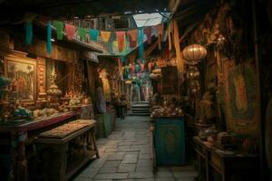 AI Generated Magical marketplace, filled with exotic goods and mystical creatures from all corners of the realm. photo