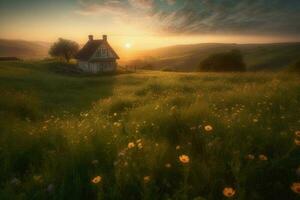 ai generado impresionista campo a amanecer, presentando laminación colinas punteado con flores silvestres y un solitario cabaña anidado en el distancia. foto