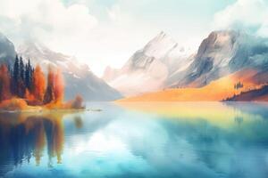 Majestic mountains looming over a tranquil lake, with mist rising from the water and the sky painted in a dramatic blend of warm and cool colors. photo