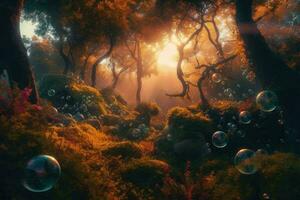 AI Generated Magical forest at sunset with a fantasy feel, clearing surrounded by vibrant foliage and glowing orbs floating in the air. photo