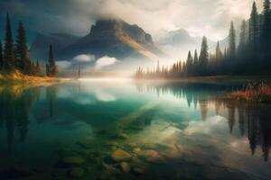 AI Generated Majestic mountains looming over a tranquil lake, with mist rising from the water and the sky painted in a dramatic blend of warm and cool colors. photo