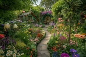 AI Generated Magical garden in full bloom, with vibrant, fantastical flowers and plants growing in every direction. photo
