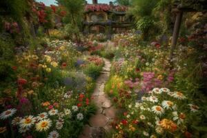 ai generado mágico jardín en lleno floración, con vibrante, fantástico flores y plantas creciente en cada dirección. foto