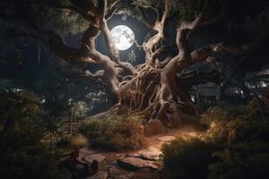 AI Generated Mysterious garden at night with a full moon shining bright overhead, featuring a towering tree with gnarled roots and branches stretching towards the sky. photo