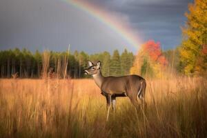 AI Generated Peaceful meadow at midday, featuring a deer grazing in the tall grass and a vibrant rainbow arching across the sky. photo