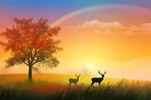 Peaceful meadow at midday, featuring a deer grazing in the tall grass and a vibrant rainbow arching across the sky. photo