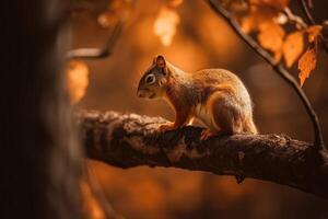 AI Generated Playful little squirrel perched on a tree branch, with autumn leaves in the background and a warm, orange lighting effect. photo