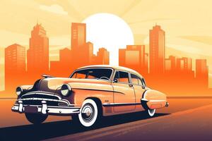 ai generado retro coche clipart con ciudad antecedentes. ilustración dibujos animados. foto