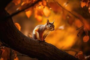 AI Generated Playful little squirrel perched on a tree branch, with autumn leaves in the background and a warm, orange lighting effect. photo