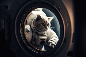 ai generado curioso gato en un astronauta traje pasos mediante un portal, Listo a explorar el galaxia. foto