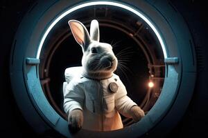 AI Generated Curious rabbit in a spacesuit hops through a portal, ready to explore the cosmos. photo