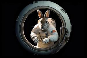 AI Generated Curious rabbit in a spacesuit hops through a portal, ready to explore the cosmos. photo