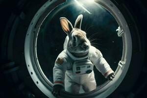 ai generado curioso Conejo en un traje espacial lúpulo mediante un portal, Listo a explorar el cosmos. foto