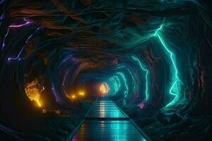 AI Generated Network of underground tunnels connected hidden enclaves of mystical creatures, a secret society hidden from the eyes of humans. photo