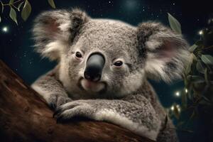 AI Generated Sleepy little koala nestled in a eucalyptus tree, with a starry night sky and a bright full moon in the background. photo