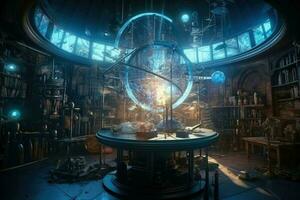 AI Generated Sci-fi wizard's laboratory, with high-tech equipment and arcane symbols mixed together in a surreal and mystical blend of science and magic photo