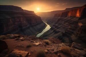 AI Generated Rugged canyon at sunset, featuring a narrow river winding through the steep cliffs against the orange sky. photo