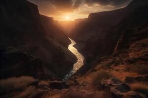 AI Generated Rugged canyon at sunset, featuring a narrow river winding through the steep cliffs against the orange sky. photo