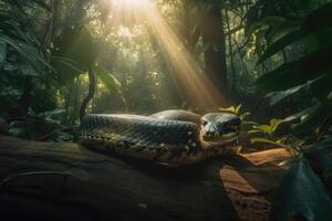 Slithering green anaconda winding its way through a dense jungle with shafts of sunlight piercing through the canopy. photo