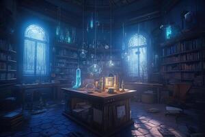 AI Generated Sci-fi wizard's laboratory, with high-tech equipment and arcane symbols mixed together in a surreal and mystical blend of science and magic photo