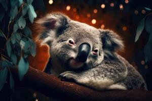 AI Generated Sleepy little koala nestled in a eucalyptus tree, with a starry night sky and a bright full moon in the background. photo